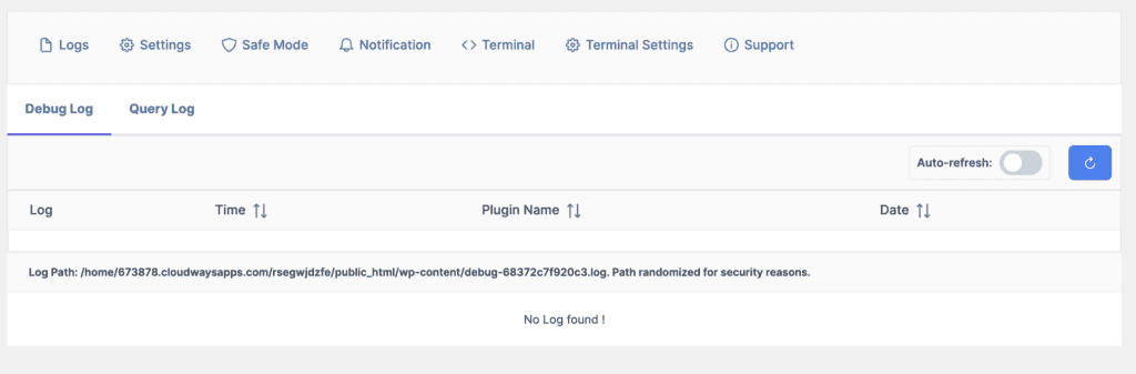 Debug log manager tool interface